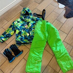 Boys Phibee Colorful Geometric Ski Jacket and Neon Green Pants Set